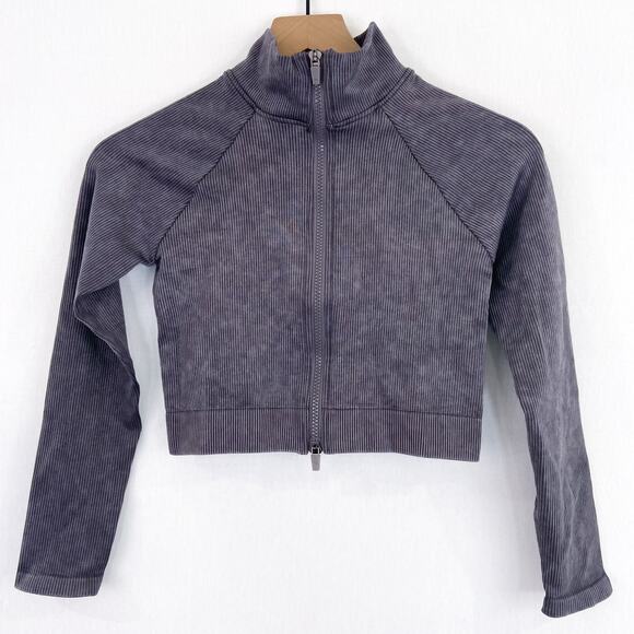 Mono B Women's Purple Raglan Athletic Cropped Long Sleeve Double Zip Sweater - Picture 1 of 8